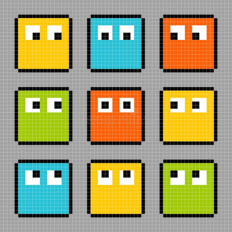 8-bit pixel characters looking in different directions. Each character is on a separate layer. 8-bit pixel characters looking in different directions. Each character is on a separate layer
