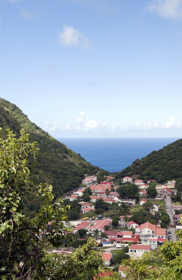 Village in valley on Caribbean Sea Saba Dutch Netherlands Antilles Caribbean sea view. Village in valley on Caribbean Sea Saba Dutch Netherlands Antilles Caribbean sea view