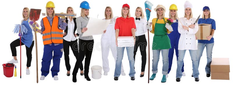 Group of workers professions woman professionals standing occupation career isolated on a white background. Group of workers professions woman professionals standing occupation career isolated on a white background