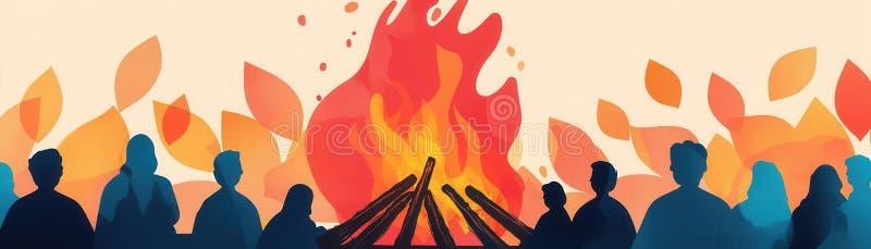 ομάδα ανθρώπων συγκεντρώθηκαν γύρω από μια πυρκαγιά με φύλλα στο φόντο διανυσματική απεικόνιση