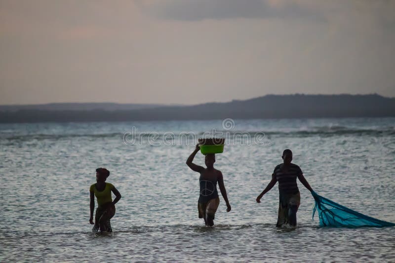 Group of African woman from Mozambique, fishing fish with domestic made net, Indian Ocean, during low tide when water is low. Group of African woman from Mozambique, fishing fish with domestic made net, Indian Ocean, during low tide when water is low