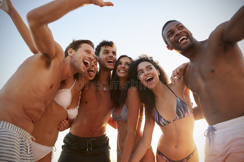 Ομάδα φίλων που θέτουν για Selfie μαζί στις διακοπές παραλιών στοκ εικόνα με δικαίωμα ελεύθερης χρήσης