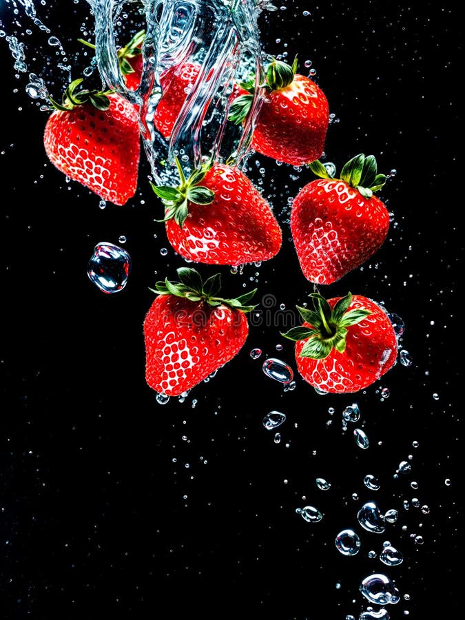 Group of strawberries splashing into glass of water on black background. AI generated. Group of strawberries splashing into glass of water on black background. AI generated
