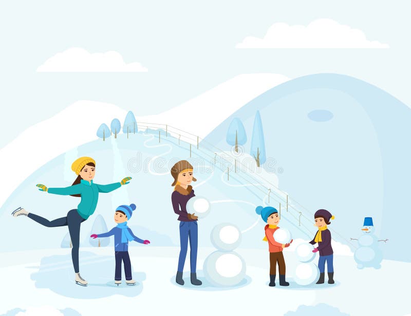 Vacation family winter activity. Group people with kids skate and sculpt a snowman on outdoors. Kids having fun enjoy rest. Happy people lead an winter active lifestyle outdoors cartoon vector. Vacation family winter activity. Group people with kids skate and sculpt a snowman on outdoors. Kids having fun enjoy rest. Happy people lead an winter active lifestyle outdoors cartoon vector