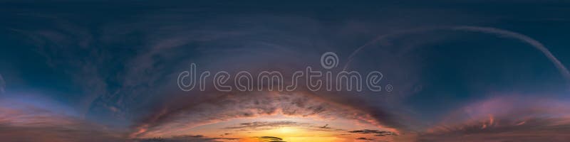 Ομαλή πανοραμική εικόνα σε γωνία 360 μοιρών του σκούρου μπλε ουρανού πριν το ηλιοβασίλεμα με όμορφα σύννεφα με ζενίθ για χρήση