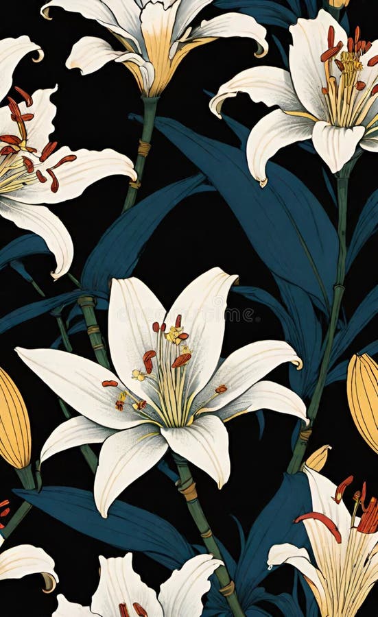 Beautiful illustration of seamless pattern with lilies on dark background. Beautiful illustration of seamless pattern with lilies on dark background.