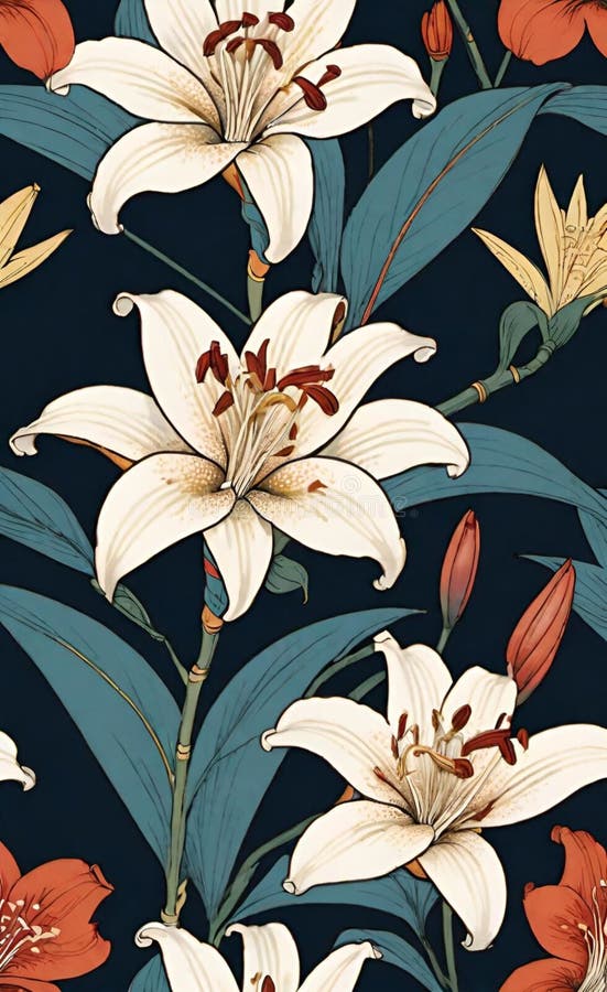 Beautiful illustration of seamless pattern with lilies on dark background. Beautiful illustration of seamless pattern with lilies on dark background.