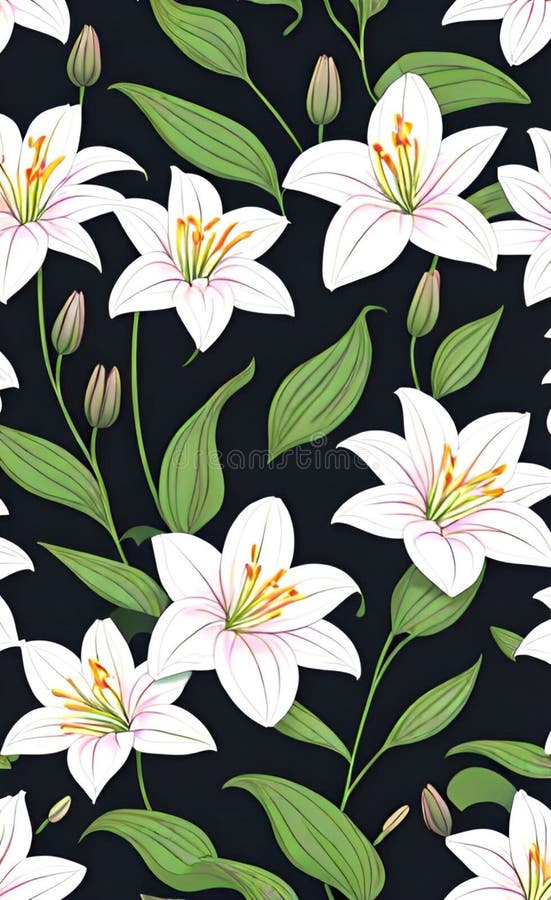 Beautiful illustration of seamless pattern with lilies on dark background. Beautiful illustration of seamless pattern with lilies on dark background.