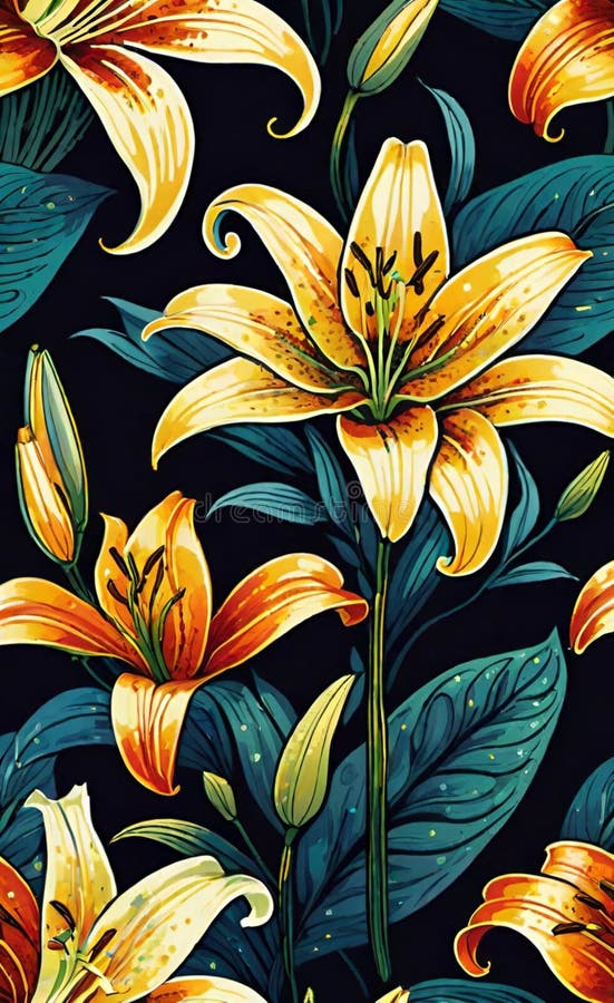 Beautiful illustration of seamless pattern with lilies on dark background. Beautiful illustration of seamless pattern with lilies on dark background.