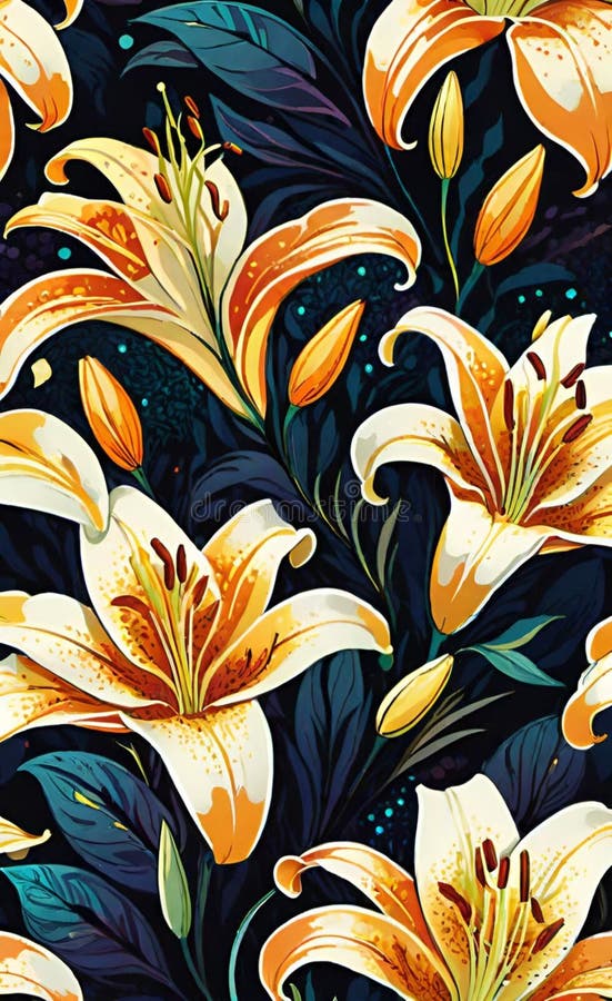 Beautiful illustration of seamless pattern with lilies on dark background. Beautiful illustration of seamless pattern with lilies on dark background.