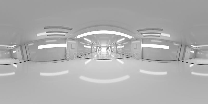 ομοιόμορφο πανόραμα πλήρους 360 μοιρών, μοντέρνου φουτουριστικού λευκού κτιρίου εσωτερικό 3d απεικόνιση διανυσματική απεικόνιση