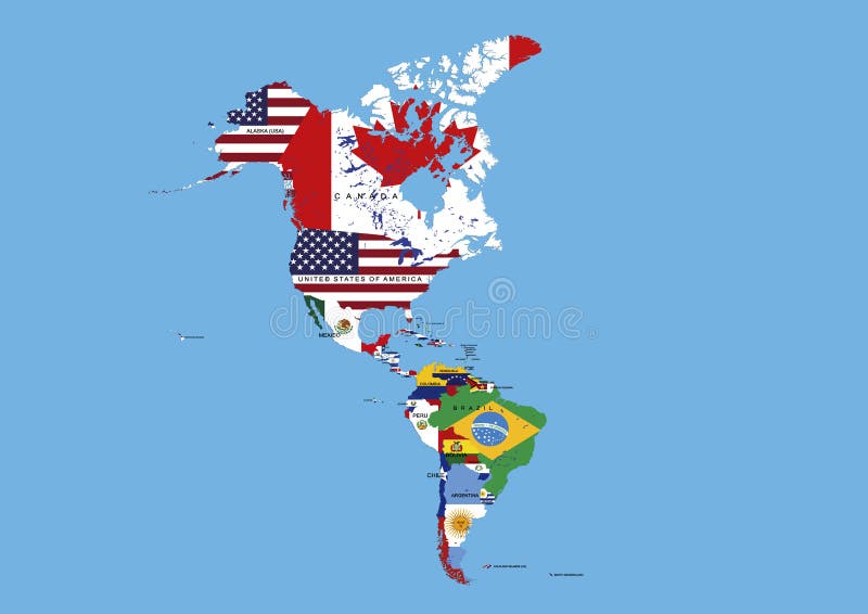 North, Middle and South America Continent Flags Background Map Including State Names. North, Middle and South America Continent Flags Background Map Including State Names
