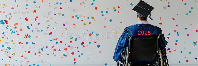 Οπίσθια όψη ελπιδοφόρου πτυχιούχου σε αναπηρική πολυθρόνα με κάλυμμα και φόρεμα περιτριγυρισμένο από την κατηγορία Confetti του 20 διανυσματική απεικόνιση