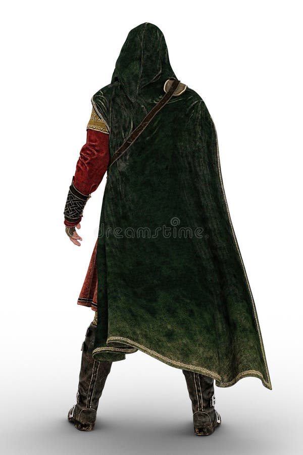 3D digital rear view rendering of a cloaked fantasy medieval ranger or nobleman. Particularly suited to book cover art and design in the historical and highlander romance, fantasy, elven genres. 3D digital rear view rendering of a cloaked fantasy medieval ranger or nobleman. Particularly suited to book cover art and design in the historical and highlander romance, fantasy, elven genres