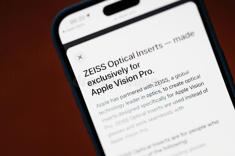California, USA - Jan 21, 2024: Exclusively made for the Apple Vision Pro mixed reality headset, Zeiss optical inserts are showcased using a tilt-shift lens on the display of the iPhone 15 Pro. California, USA - Jan 21, 2024: Exclusively made for the Apple Vision Pro mixed reality headset, Zeiss optical inserts are showcased using a tilt-shift lens on the display of the iPhone 15 Pro