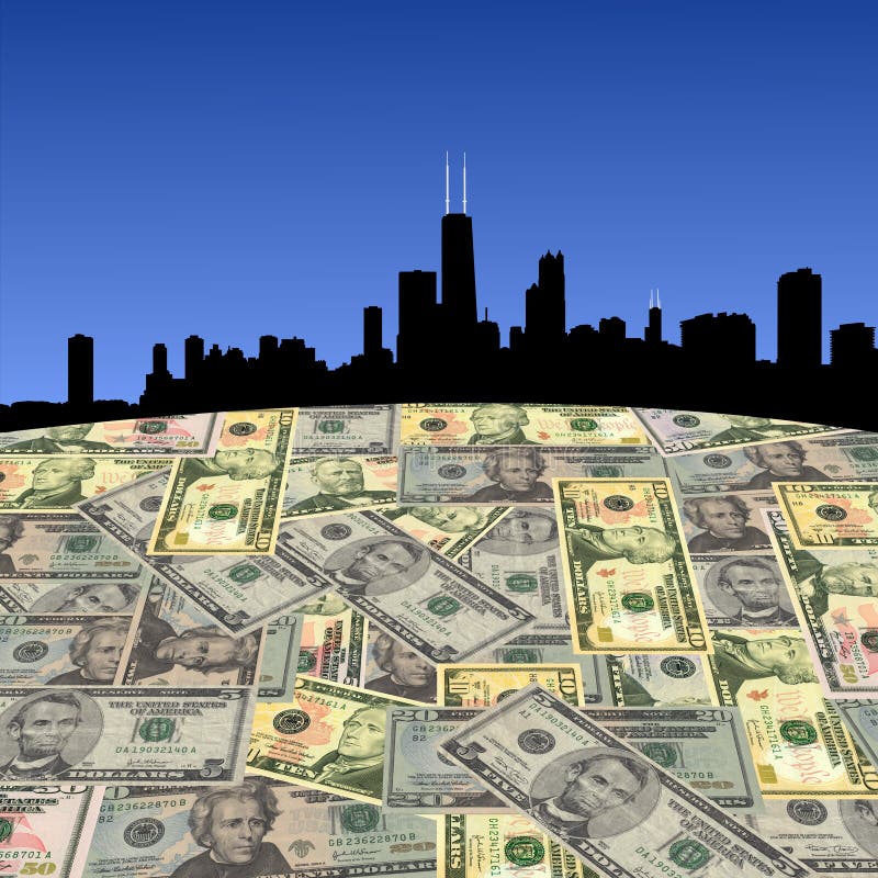 Chicago skyline with American dollars foreground illustration. Chicago skyline with American dollars foreground illustration