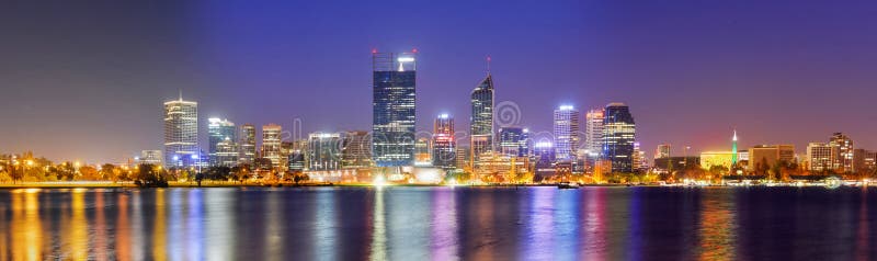 Panoramic View of the Perth Skyline at Night reflected in the Swan River. Panoramic View of the Perth Skyline at Night reflected in the Swan River.