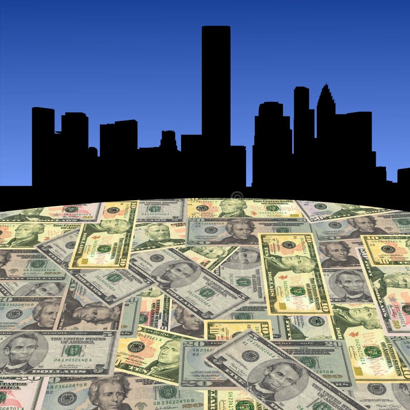 Houston skyline with American dollars foreground illustration. Houston skyline with American dollars foreground illustration