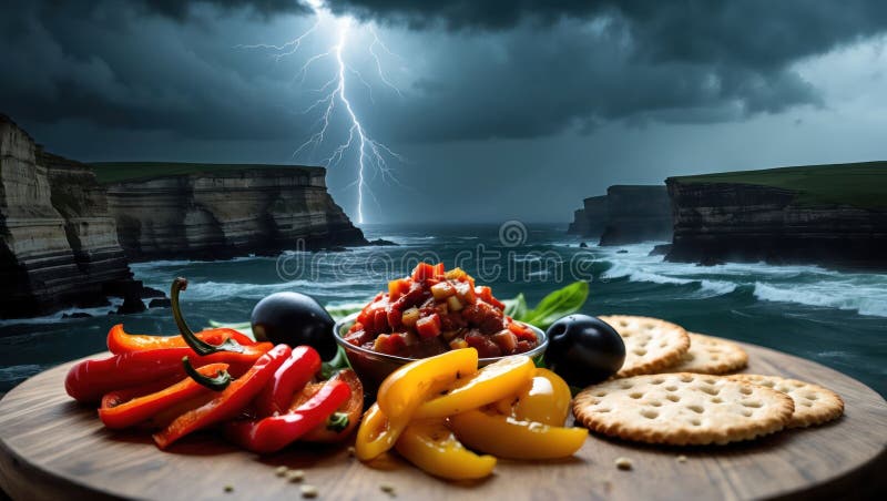 Ορεκτικό Stormy Seascape με μεσογειακό ορεκτικό ελεύθερη απεικόνιση δικαιώματος