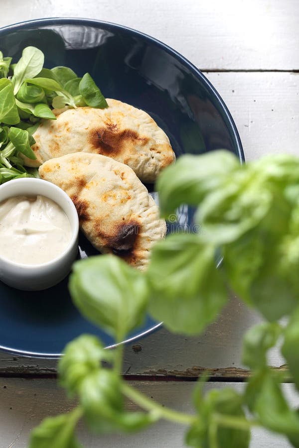 Ορεκτικό Τραγανό γεμισμένο calzone με τη σάλτσα γιαουρτιού σκόρδου στοκ εικόνα με δικαίωμα ελεύθερης χρήσης Ορεκτικό Τραγανό γεμισμένο calzone με τη σάλτσα γιαουρτιού σκόρδου στοκ εικόνα με δικαίωμα ελεύθερης χρήσης