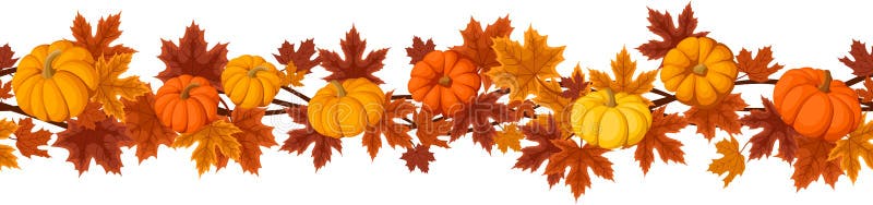 Vector horizontal seamless background with pumpkins and autumn maple leaves of various colors on a white background. Vector horizontal seamless background with pumpkins and autumn maple leaves of various colors on a white background.