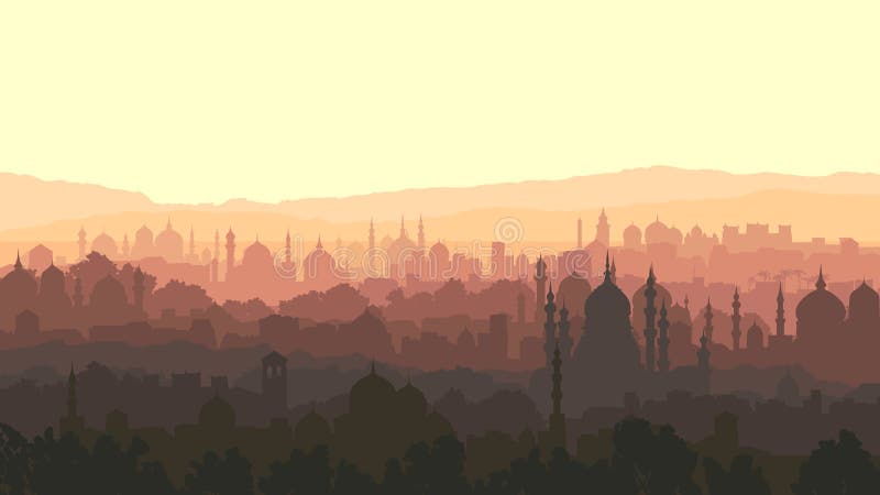 Οριζόντια απεικόνιση της μεγάλης αραβικής πόλης στο ηλιοβασίλεμα.