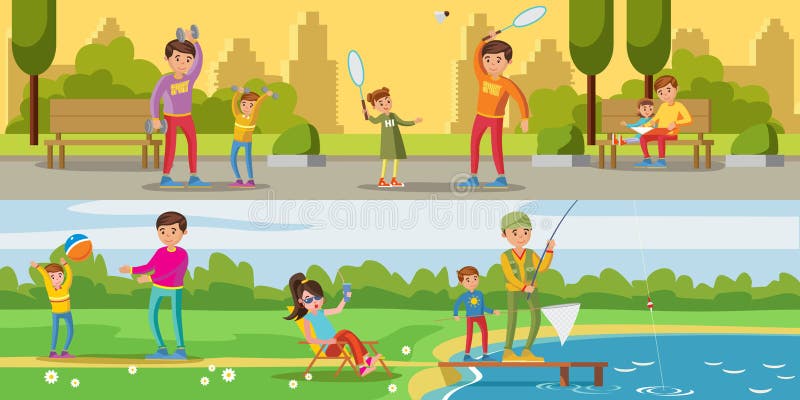 Summer leisure activity horizontal banners with father playing reading and fishing with children vector illustration. Summer leisure activity horizontal banners with father playing reading and fishing with children vector illustration