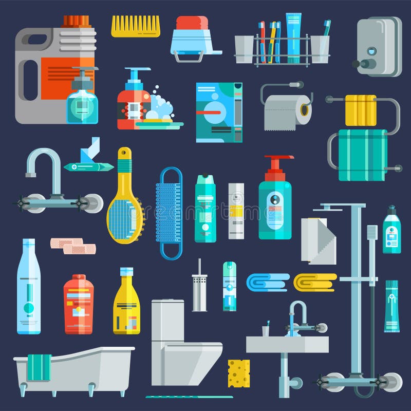 Flat colored hygiene icons set of bathroom equipment elements detergent toiletries at dark blue background vector illustration. Flat colored hygiene icons set of bathroom equipment elements detergent toiletries at dark blue background vector illustration