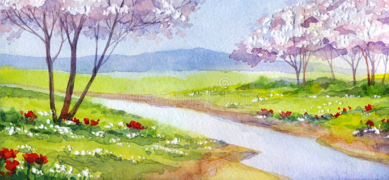 Artist light bright red color paint sketch fog haze mist apple farm travel scene paper text space. Hand drawn lush fresh floral lilac bush calm creek wild valley path trail rural scenic view artwork. .Artist light bright red color paint sketch fog haze mist apple farm travel scene paper text space. Hand drawn lush fresh floral lilac bush calm creek wild valley path trail rural scenic view artwork