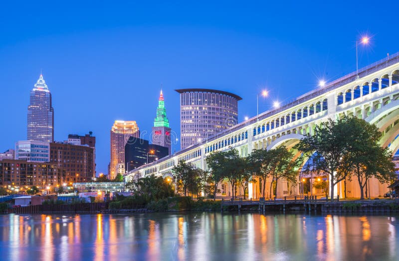 cleveland skyline with reflection at night,cleveland,ohio,usa. cleveland skyline with reflection at night,cleveland,ohio,usa.