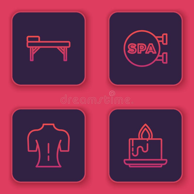 ορισμός γραμμής μασάζ τραπέζι spa σαλόν και αρωματικό κερί. μπλε τετράγωνο κουμπί. διάνυσμα διανυσματική απεικόνιση