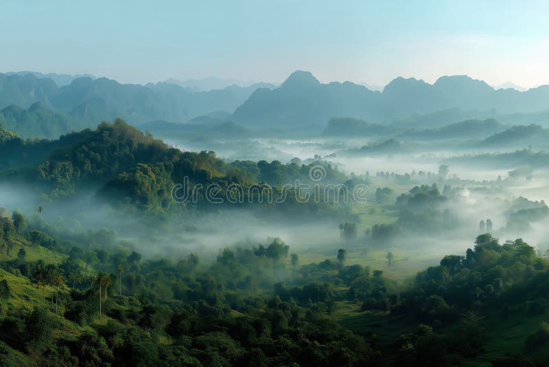Οροσειρά Μίστι στο Sunrise Lush Green Hill ελεύθερη απεικόνιση δικαιώματος