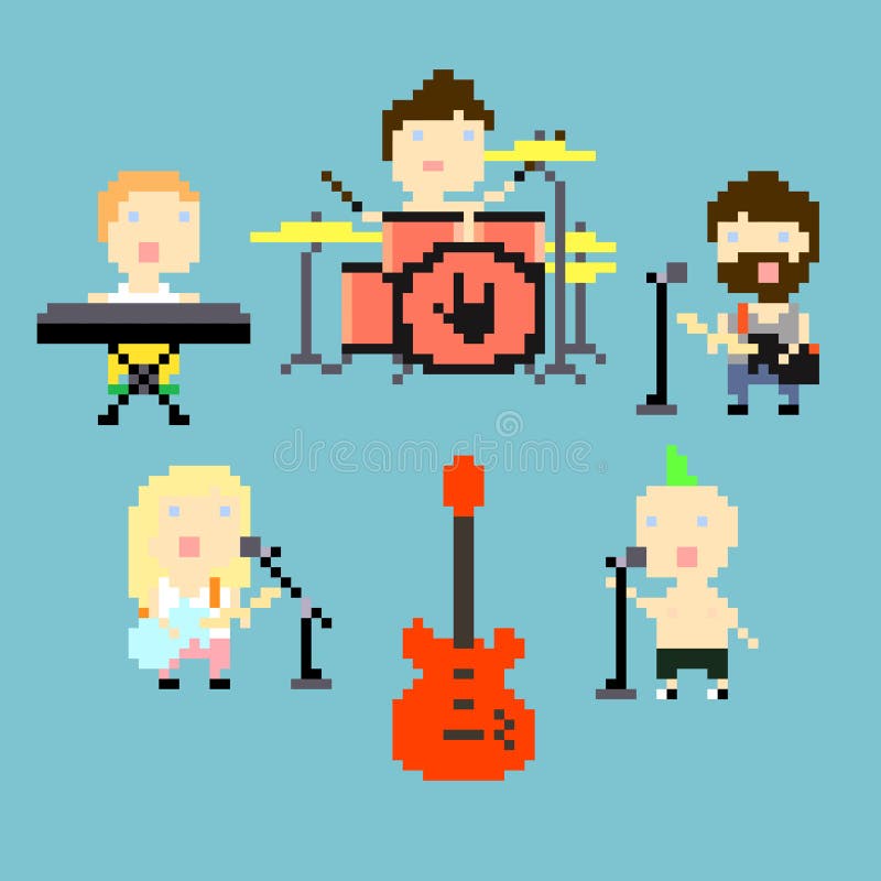 Set of icons on rock band theme in pixel art style, vector illustration. Set of icons on rock band theme in pixel art style, vector illustration