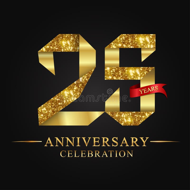 25ος εορτασμός ετών επετείου logotype Χρυσός αριθμός κορδελλών λογότυπων και κόκκινη κορδέλλα στο μαύρο υπόβαθρο ελεύθερη απεικόνιση δικαιώματος