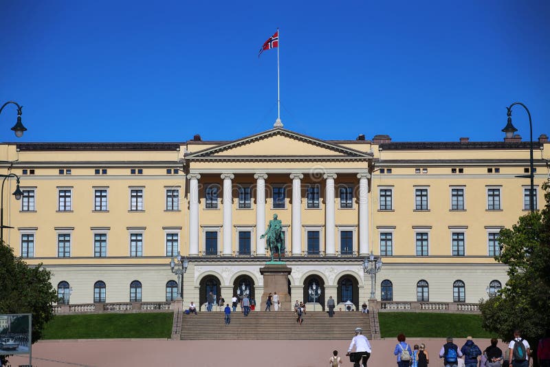 OSLO, NORWAY – AUGUST 17, 2016: Tourist visit The Royal Palace and statue of King Karl Johan XIV, Oslo is the capital city of Norway in Oslo, Norway on August 17,2016. OSLO, NORWAY – AUGUST 17, 2016: Tourist visit The Royal Palace and statue of King Karl Johan XIV, Oslo is the capital city of Norway in Oslo, Norway on August 17,2016.