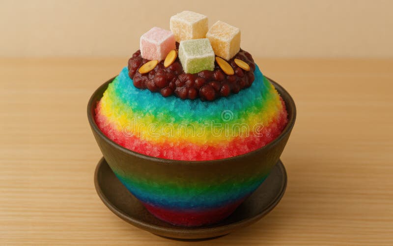 Ουράνιο τόξο bingsu με κόκκινη πάστα φασολιών και πολύχρωμα κέικ ρυζιού ένα ζωντανό κορεάτικο ξυριστικό παγωτό σε ένα καφέ μπολ απεικόνιση αποθεμάτων