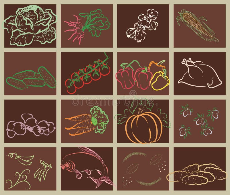 Colored outlines of various food in brown squares - vector illustration. Colored outlines of various food in brown squares - vector illustration