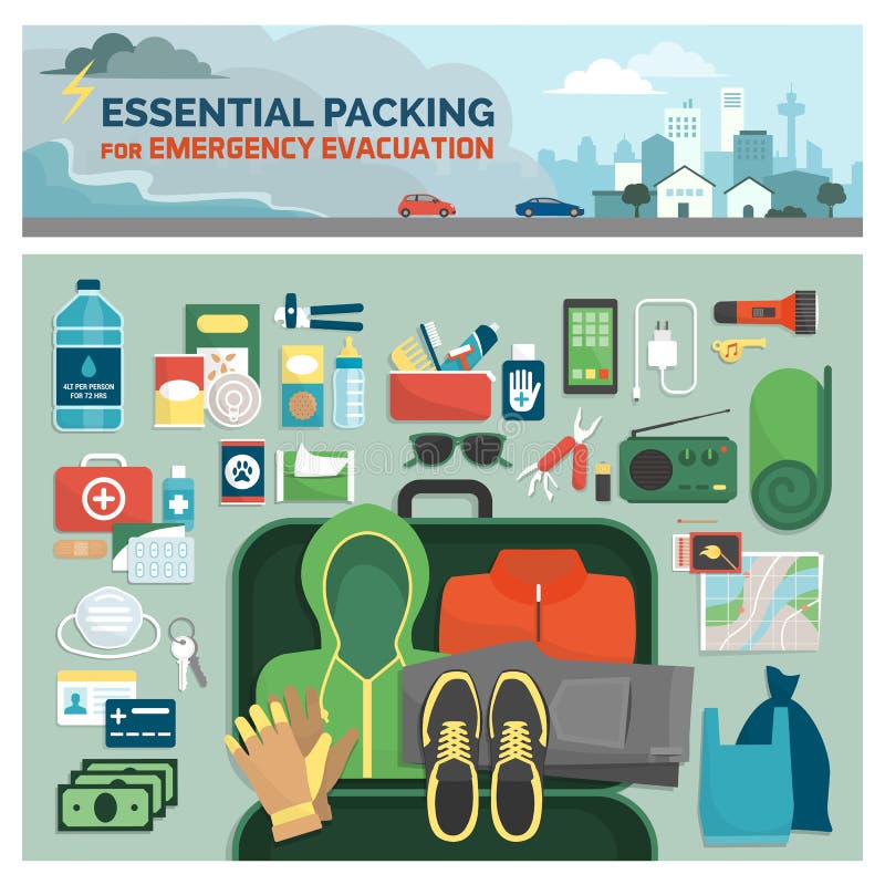 Essential packing kit for emergency evacuation, emergency preparedness and safety guide, flat lay objects and tools. Essential packing kit for emergency evacuation, emergency preparedness and safety guide, flat lay objects and tools