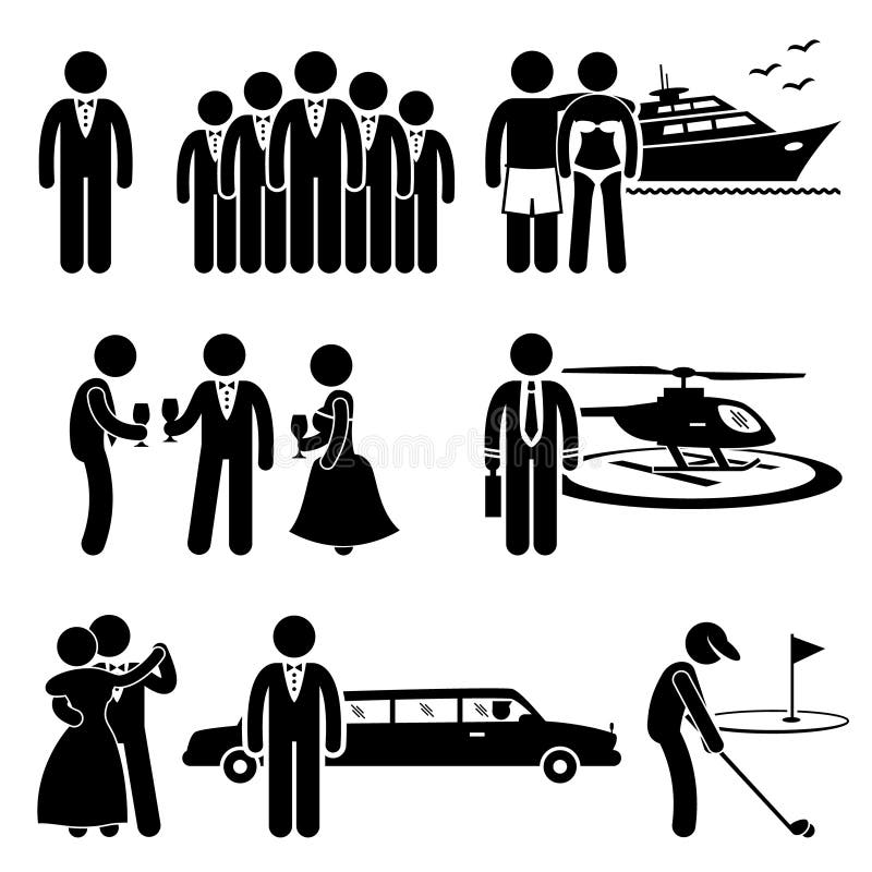 A set of human stick figure representing the lifestyle of rich people. This includes a group of rich and wealthy man, expensive yacht, luxury dining, helicopter, limousine, and playing golf. A set of human stick figure representing the lifestyle of rich people. This includes a group of rich and wealthy man, expensive yacht, luxury dining, helicopter, limousine, and playing golf.