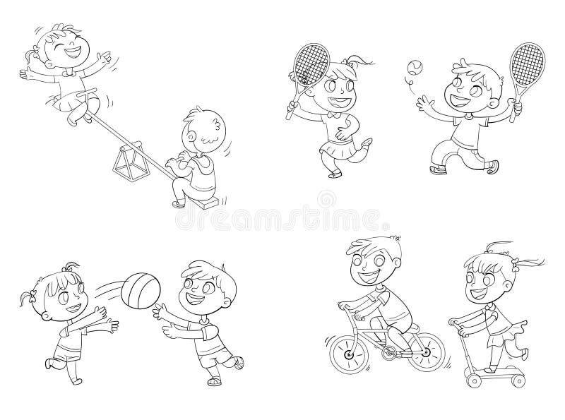 Boy on bike. Girl on scooter. Children ride on a swing. Boy and girl playing with a ball. Brother and sister playing tennis. Funny cartoon character. Isolated on white background. Vector illustration. Boy on bike. Girl on scooter. Children ride on a swing. Boy and girl playing with a ball. Brother and sister playing tennis. Funny cartoon character. Isolated on white background. Vector illustration