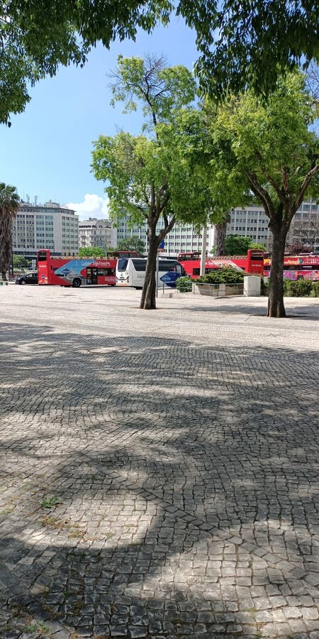 01.04.2023 Park in the center of Lisbon in the distance you can see walking tourist buses and tall office buildings photo day. 01.04.2023 Park in the center of Lisbon in the distance you can see walking tourist buses and tall office buildings photo day