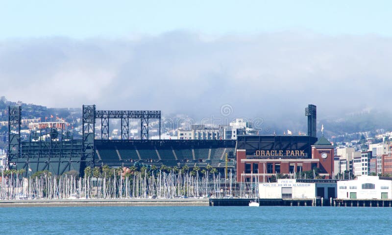 San Francisco, CA - August 03, 2019: View of Oracle Park from the bay. Oracle Park is a baseball park located in the South Beach neighborhood of San Francisco, California. Since 2000. San Francisco, CA - August 03, 2019: View of Oracle Park from the bay. Oracle Park is a baseball park located in the South Beach neighborhood of San Francisco, California. Since 2000