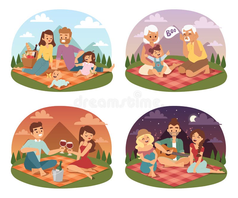 Πάρκο τρόπου ζωής οικογενειακού picnicking καλοκαιριού ευτυχές υπαίθρια μαζί, που απολαμβάνει το διάνυσμα χαρακτήρα διακοπών λιβα απεικόνιση αποθεμάτων