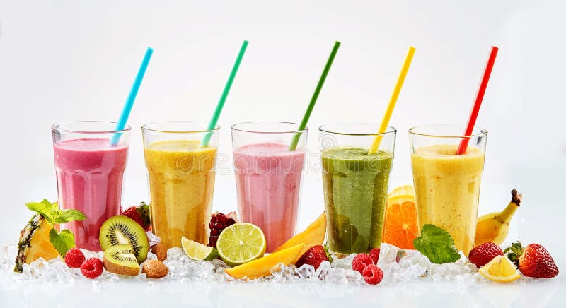 Five large glasses of red yellow pink and green tropical fruit smoothies with colorful straws standing in crushed ice beside cut fruit. Five large glasses of red yellow pink and green tropical fruit smoothies with colorful straws standing in crushed ice beside cut fruit