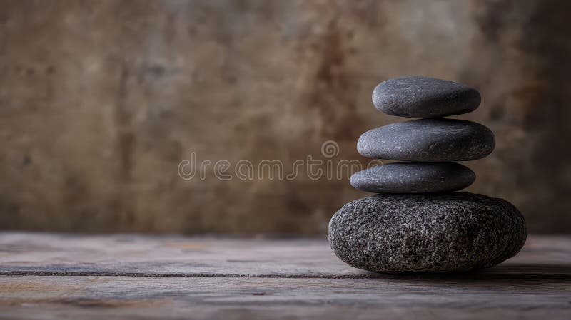 Πέτρινη στοίβα από Zen σε σκληρή ξύλινη επιφάνεια. Οι λείες γκρίζες πέτρες στοιβάζονται προσεκτικά ο ένας στον άλλο πάνω σε ένα ξύλινο τραπέζι με υφή σε ουδέτερο φόντο δημιουργώντας μια ατμόσφαιρα ηρεμίας. Τεχνητή νοημοσύνη