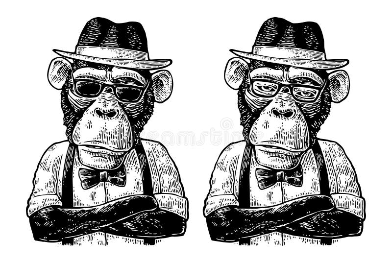 Πίθηκος hipster με τα όπλα crossedin στο καπέλο, το πουκάμισο, τα γυαλιά και το δεσμό τόξων