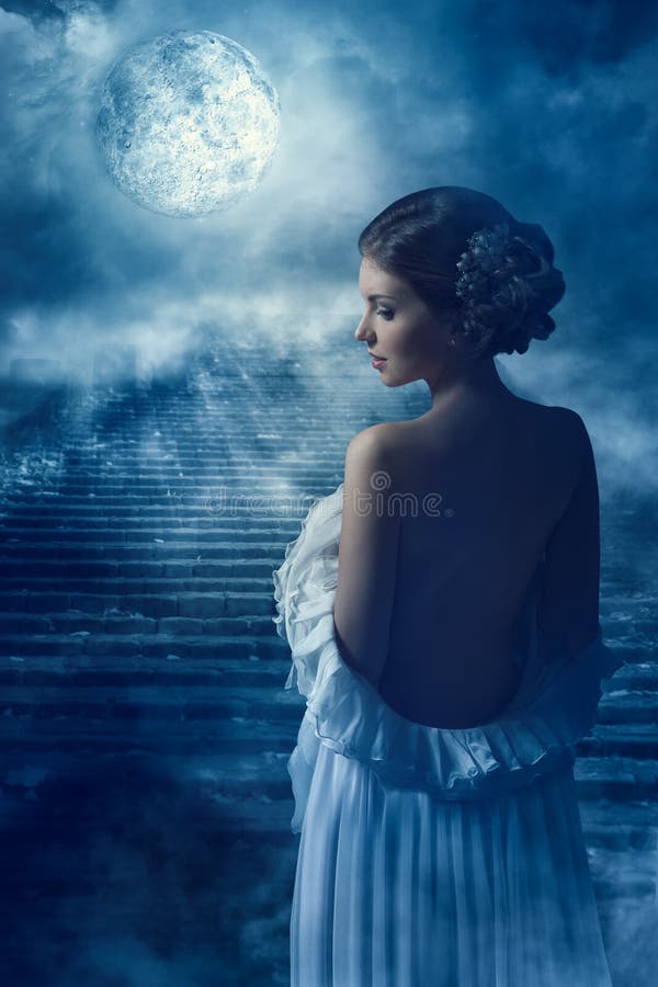 Fantasy Woman Back Rear View Portrait in Moon light, Fairy Mystic Girl in Night looking over shoulder. Fantasy Woman Back Rear View Portrait in Moon light, Fairy Mystic Girl in Night looking over shoulder