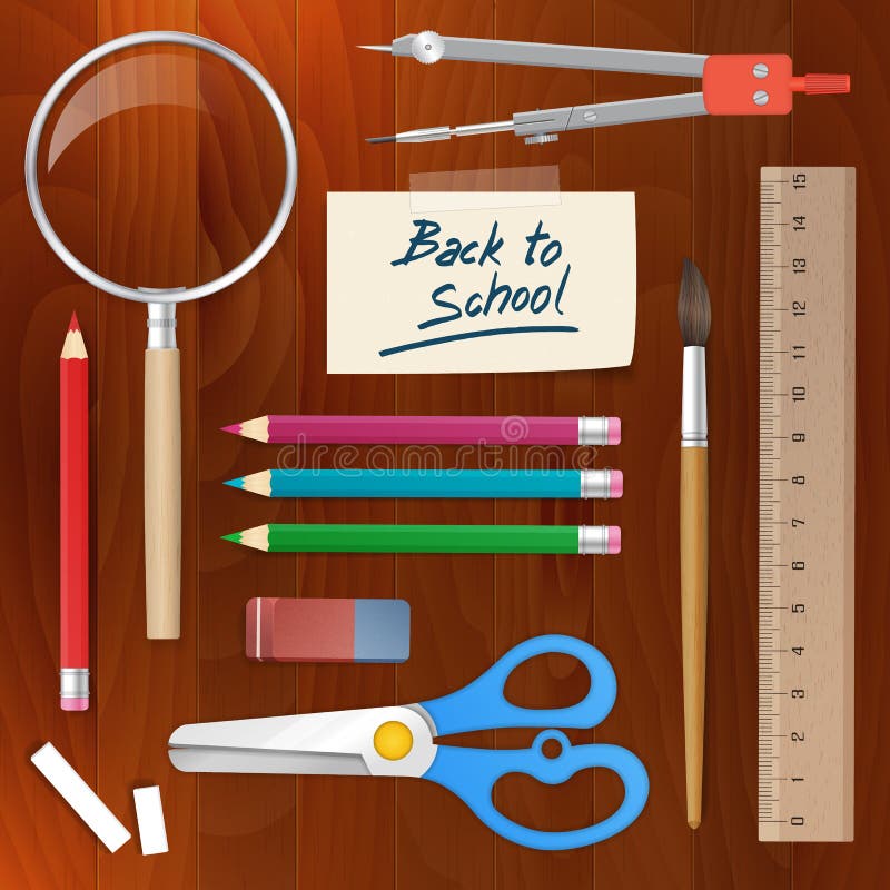 Back to school supplies tools on wood background. isolated from background. layered. Back to school supplies tools on wood background. isolated from background. layered.