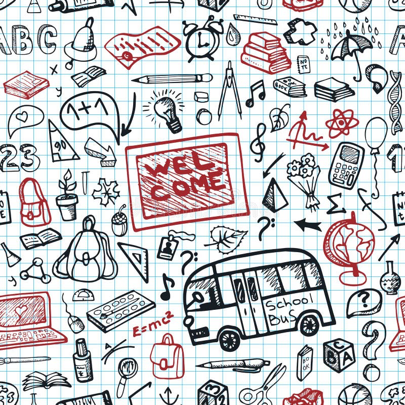 Seamless pattern.Back to School Supplies Sketchy Notebook Doodles with Letters and Swirls- Hand-Drawn.Vector Illustration Design Elements on Lined Sketchbook Paper Background. Seamless pattern.Back to School Supplies Sketchy Notebook Doodles with Letters and Swirls- Hand-Drawn.Vector Illustration Design Elements on Lined Sketchbook Paper Background.