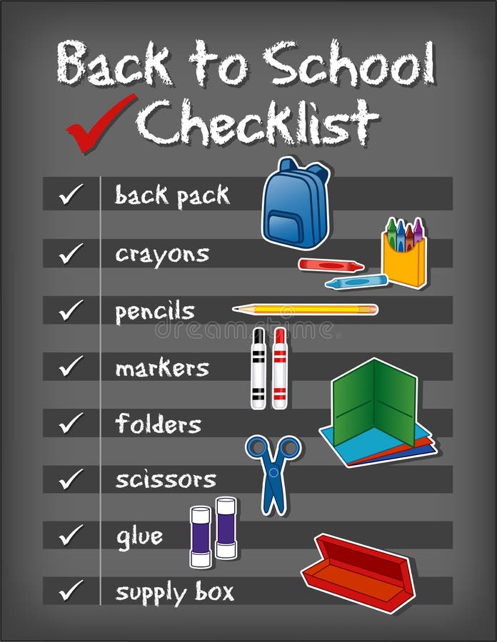 Checklist for back to school supplies, backpack, crayons, pencils, markers, folders, scissors, glue, supply box on chalkboard background for preschool, daycare, nursery school, kindergarten, elementary school. Checklist for back to school supplies, backpack, crayons, pencils, markers, folders, scissors, glue, supply box on chalkboard background for preschool, daycare, nursery school, kindergarten, elementary school.